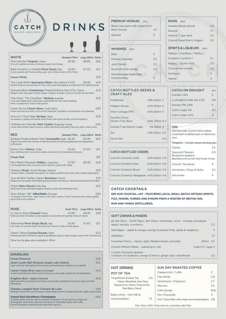 Catch Drinks Menu Summer 2019 Catch Seafood Restaurant Mawgan Porth