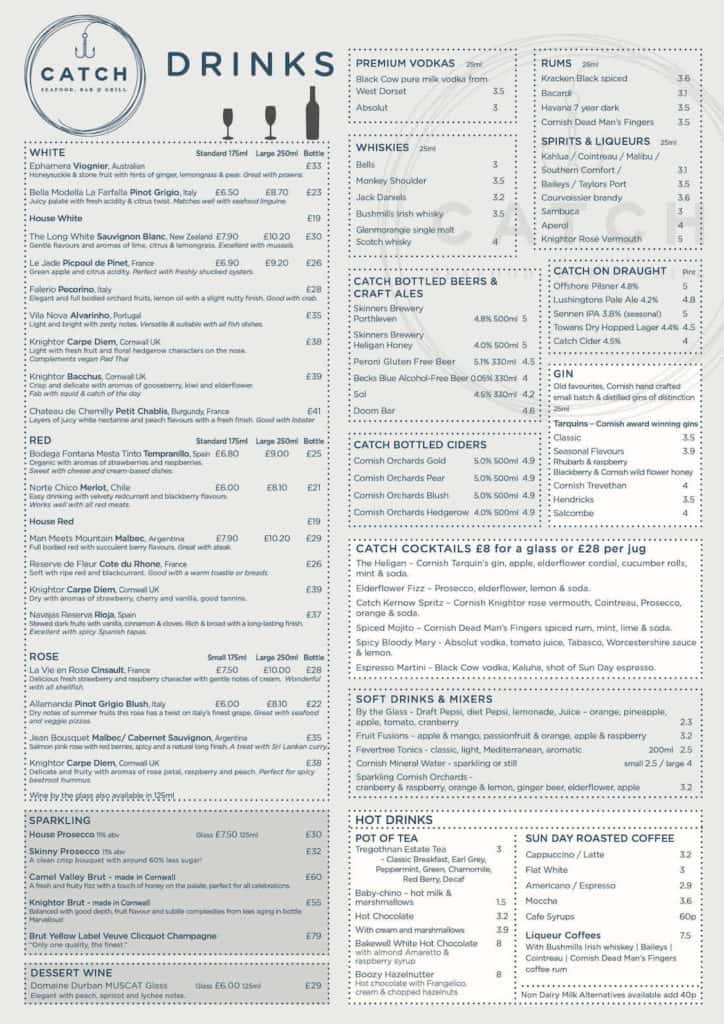 Catch winter 2019 drinks menu new Catch Seafood Restaurant Mawgan Porth