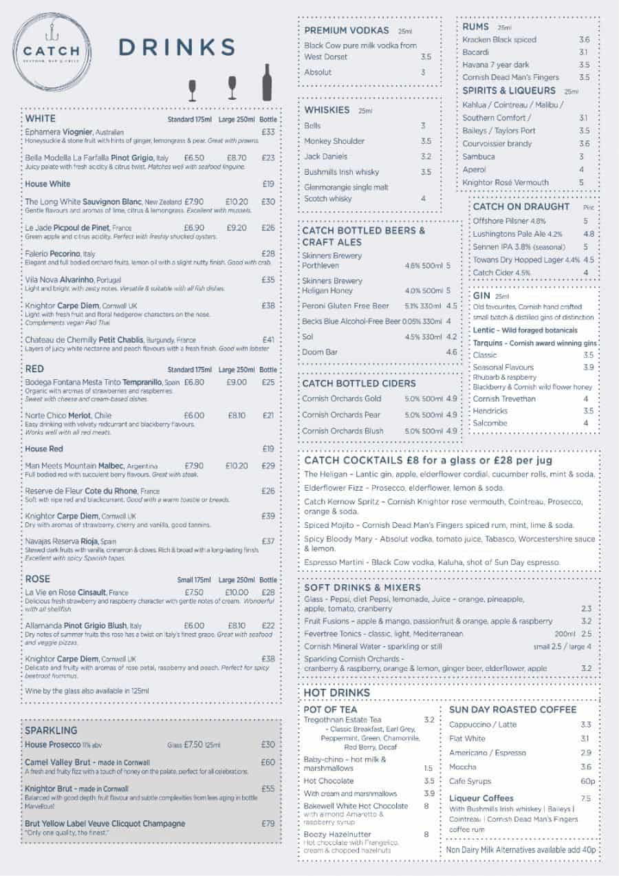 catch summer menu drinks1 Catch Seafood Restaurant Mawgan Porth