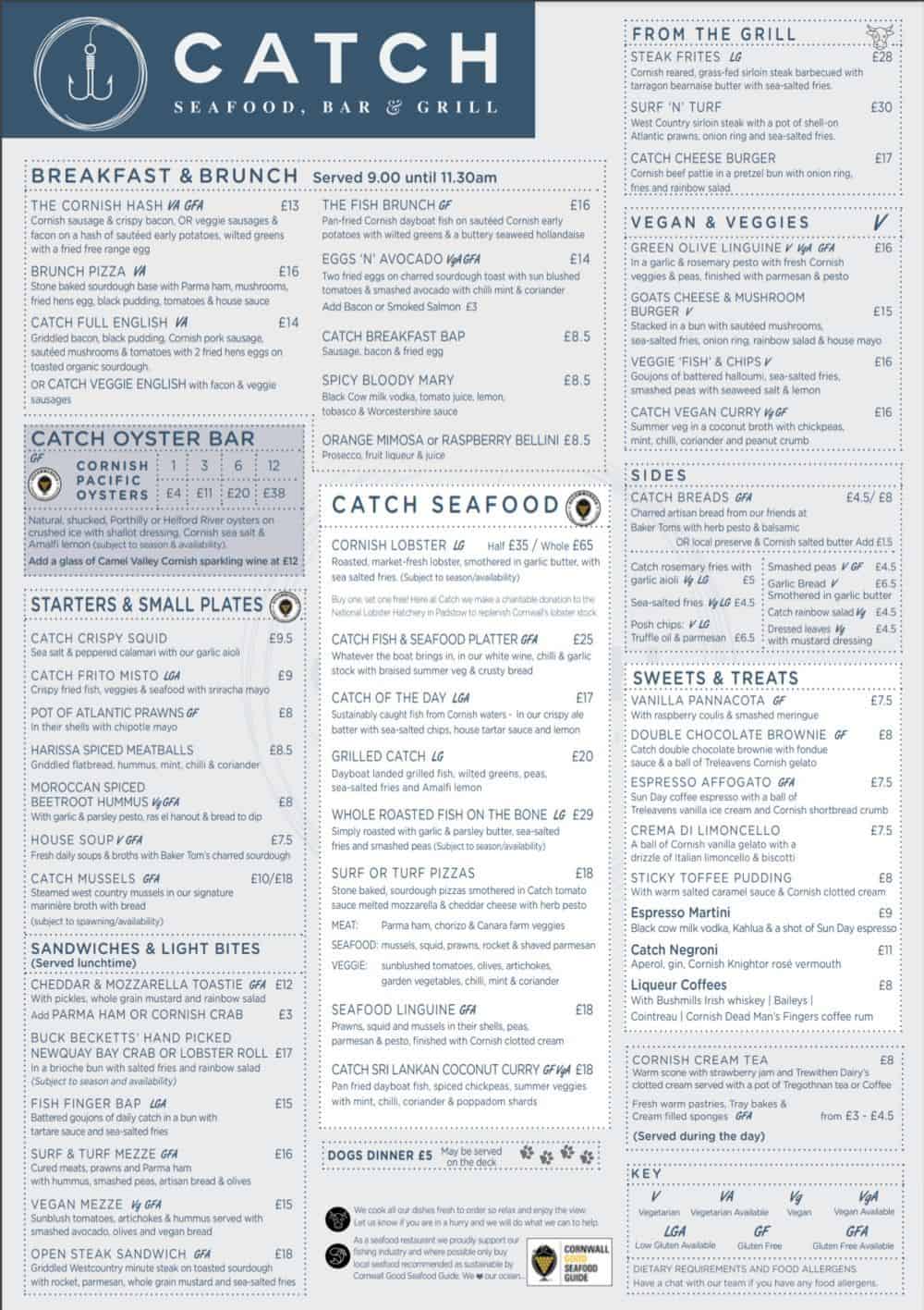 Our Menus Catch Seafood Restaurant Mawgan Porth