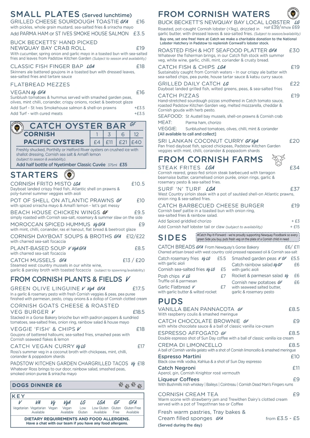 Our Menus Catch Seafood Restaurant Mawgan Porth